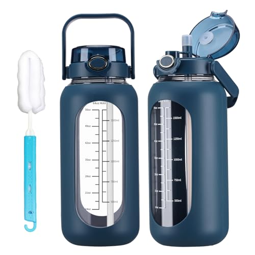 chunmo 42oz Glass Water Bolttles with Straw Half Gallon Large Motivational Water Bottle with Time Marker Sports Water Bottles with Silicone Sleeve and Handle Lid Water Jug for Gym Workout - color: Dark Blue, size: 42 Ounces