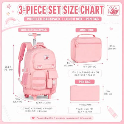 WZLVO Rolling Backpack for Girls Women, 21 inch Water Resistant Roller Wheels Backpacks, Wheeled Bookbag with Lunch Bag for Teen Elementary School Travel - Pink - color: Pink