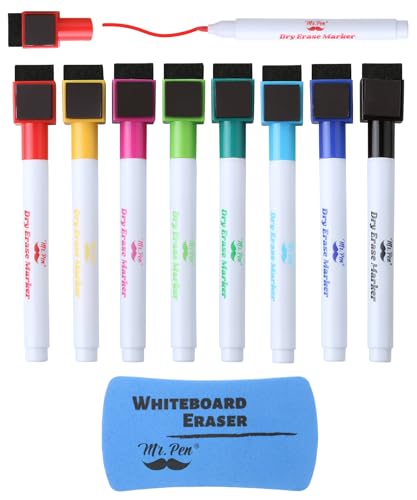Mr. Pen- Magnetic Dry Erase Markers, 8 Pack with Whiteboard Eraser | Colorful, Fine Tip Markers with Built-In Magnet & Eraser, Low Odor, Quick Dry, for Whiteboards, Office, School & Home - color: Assorted Colors, size: 8 Pack + Dry Erase Eraser