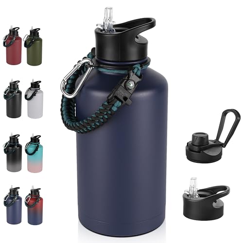 64 oz Insulated Water Bottle with Straw & Spout Lids, Stainless Steel Metal Half Gallon Water Jug with Paracord Handle, Double Wall Vacuum, Leakproof, Keep Drinks Cold & Hot, Navy - color: Navy Blue, size: 64 Ounces