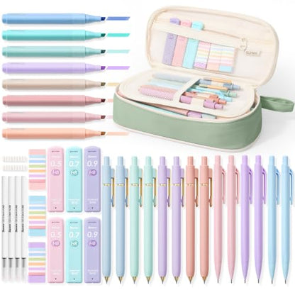 SUNEE 54PCS Aesthetic Stationery Set with Cute Pencil Case, 8 Color Pastel Highlighters, 8 Black Gel Pens, 6 Mechanical Pencils & Refills, College School Supplies for Students Girls Green - color: Black, style: 54 Pack
