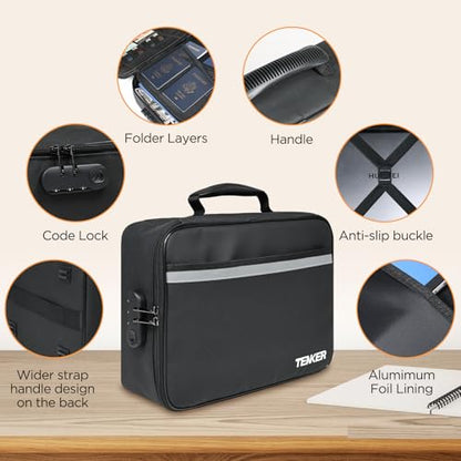 Document Bag with Lock, Fireproof File Storage Case with Water-Resistant, TENKER Organizer Box for Document, Safe Portable Travel Home Organizer for Laptop, Files, Certificates, Black(15''x11''x4'')