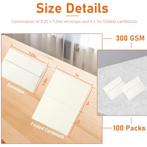 Guakicae 100 Packs Cream Blank Cards and Envelopes 5 x 7 Off White Heavyweight Folded Cardstock and A7 Envelopes Printable Self Seal for Wedding Invitations, Greeting Cards, Party - color: Off White, size: 5x7-100pcs