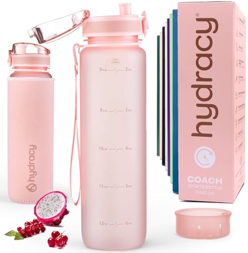 Hydracy Water Bottle with Time Marker -Large 32oz BPA Free & No Sweat Sleeve -Leak Proof Gym Bottle with Fruit Infuser Strainer & Times to Drink -Ideal for Fitness Sports & Outdoors | BPA-Free Tritan, Leakproof Flip-Top Lid,No-Sweat Sleeve,Carry Strap,Dai