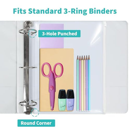 Binditek 10 Pack Plastic Zippered Binder Pockets, 3-Hole Punched for 3 Ring Binder, Clear PVC with White Zippers, Waterproof Loose Leaf Bag Pouch for Document Filing and Storage