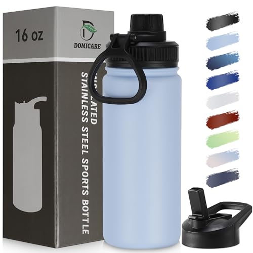 DOMICARE 16 oz Kids Water Bottle for School Stainless Steel Double Wall Vacuum Insulated Water Bottle with Straw lids & Spout Lid, Leakproof BPA Free (Light Blue,1) - color: Light Blue, size: 16 Ounces