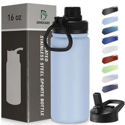 DOMICARE 16 oz Kids Water Bottle for School Stainless Steel Double Wall Vacuum Insulated Water Bottle with Straw lids & Spout Lid, Leakproof BPA Free (Light Blue,1) - color: Light Blue, size: 16 Ounces