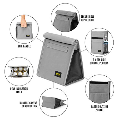 2nd Childhood Insulated Lunch Bag for Men, Durable & Reusable, Grey | Slim lunch bag with carry handle, two mesh side pockets and a back slip pocket; insulated liner keeps food cool - color: Gray