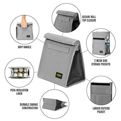 2nd Childhood Insulated Lunch Bag for Men, Durable & Reusable, Grey | Slim lunch bag with carry handle, two mesh side pockets and a back slip pocket; insulated liner keeps food cool - color: Gray