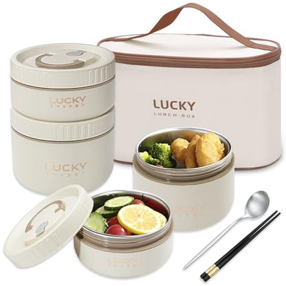 Portable Insulated Lunch Containers, Stainless Steel Bento Box Adult Lunch Box with Insulated Lunch Bag, 4 Separate Stackable Lunch Container for Adult, White… - color: 4 Tier (2L+2S)-Beige