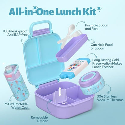 Itslife Bento Box for Kids Set, insulated food container,kids lunch box, 7 oz thermos for hot food, 12 oz thermos water bottle, Reusable Insulated Ice Bag & Fork Spoon Utensils Camping Travel Purple - color: Purple-RY