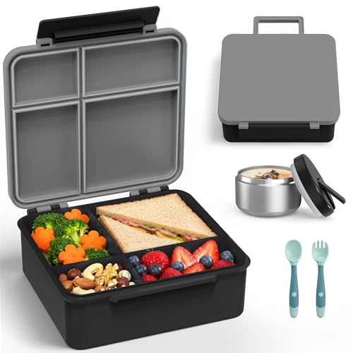 LOHASOK Bento Lunch Box Kids with 8oz Soup Thermo, Leak-Proof Lunch Containers with 4 Compartment, Thermo Hot Food Jar and Insulated Lunch Box for School Black - color: Black