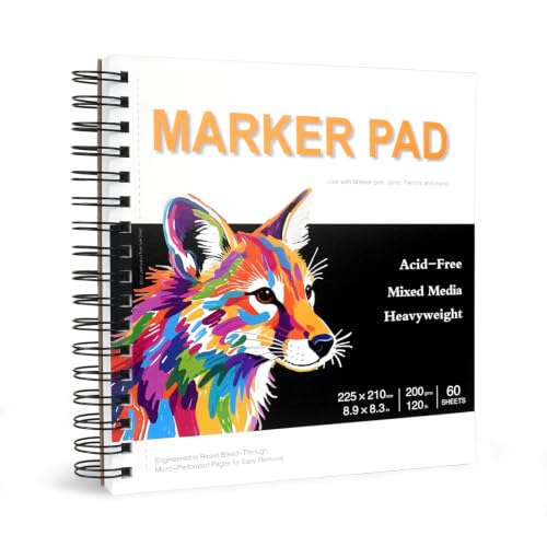 Marker Pad 8.9x8.3 Inch – 60 Sheets, 200gsm, Spiral Sketchbook | | Bleed-Proof Drawing Paper for Alcohol Markers, Colored Pencils & Mixed Media | Acid-Free Art Pad for Artists & Adults - size: 8.9x8.3