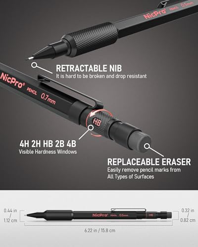 Nicpro 0.5 mm & 0.7 mm Mechanical Pencil Set with Case, MP2000 Metal Artist Mechanical Pencil With 6 Tube HB 2B Lead Refills, Eraser, Weatherproof Barrel for Outdoor Writing Drafting Sketching - size: 0.5mm & 0.7mm