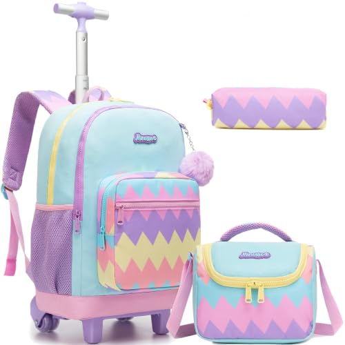 Girls Rolling Backpack with Lunch Box School Backpacks with Wheels 16.5" Roller Backpack for Girls, 3pcs Kids Wheeled Bookbag for Elementary School - color: Duosejieti
