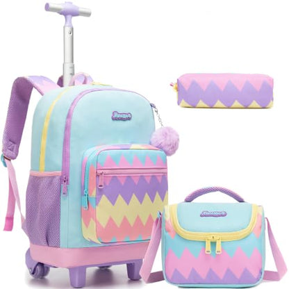 Girls Rolling Backpack with Lunch Box School Backpacks with Wheels 16.5" Roller Backpack for Girls, 3pcs Kids Wheeled Bookbag for Elementary School - color: Duosejieti