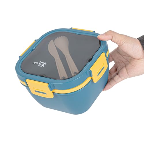 Restaurantware-Bento Tek 57.5 Ounce Bento Box, 1 Reusable Lunch Container - With Fork And Knife, Does Not Contain BPA, Blue And Yellow Plastic Reusable Lunch Box, Microwavable, Dishwashable - size: 1 Count, style: 58 oz - Blue