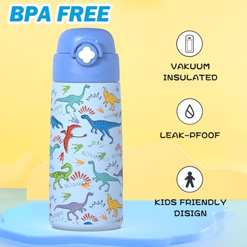 Boys Insulated Water Bottle with Covered Pop-Up Straw,16 oz Kids Cups with Stainless Steel Leak Proof for School（Blue-Dinosaur） - color: A21.Dinosaur, style: 1Pack