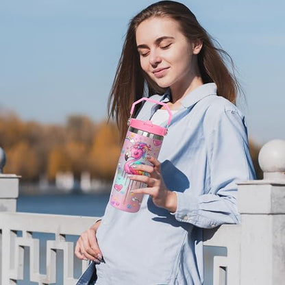 30 oz Flamingo Tumbler with Handle, Large Insulated Tumbler with Flip & Straw Coffee Mug Cup Stainless Steel Gifts for Women Men Youth - color: Pink
