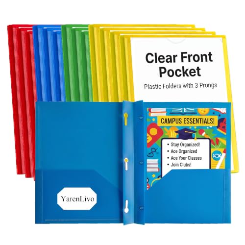 2-Pocket 3-Prong Plastic Folders with Clear Front Pocket, Durable Poly File Folders for Letter Size Paper, Customizable Cover, School Office Organization, 4 Colors,16 Pack - size: 16 Pack
