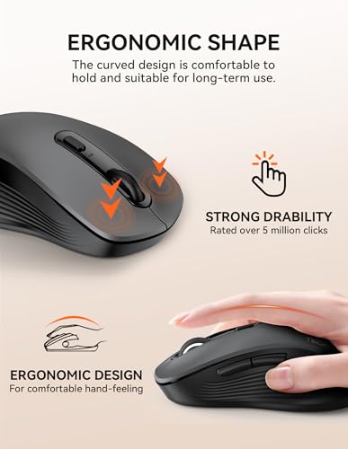 TECKNET Bluetooth Mouse, [ USB + BT1 + BT2 ] Wireless Mouse for Laptop, Silent Click, Ergonomic Design, 4800 DPI Computer Mice Wireless, Dual Mode for Laptop, Computer, iPad, MacBook - color: Light Grey