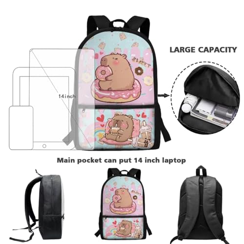 CLOHOMIN Cute Capybara Backpack and Lunch Bag Set 11-12 Primary School Bookbag for Girls 4th Grade Leakproof Cooler Bags Water Bottle Holder with Strap Kids School Bag Children Book Bags, 3pcs - color: Capybara Doughnut