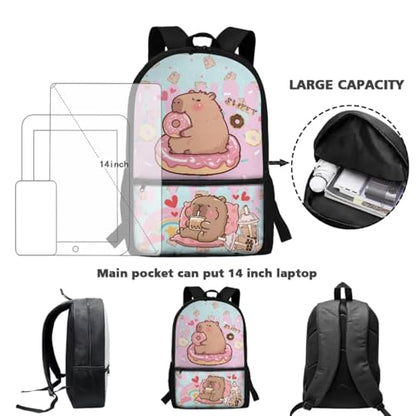 CLOHOMIN Cute Capybara Backpack and Lunch Bag Set 11-12 Primary School Bookbag for Girls 4th Grade Leakproof Cooler Bags Water Bottle Holder with Strap Kids School Bag Children Book Bags, 3pcs - color: Capybara Doughnut