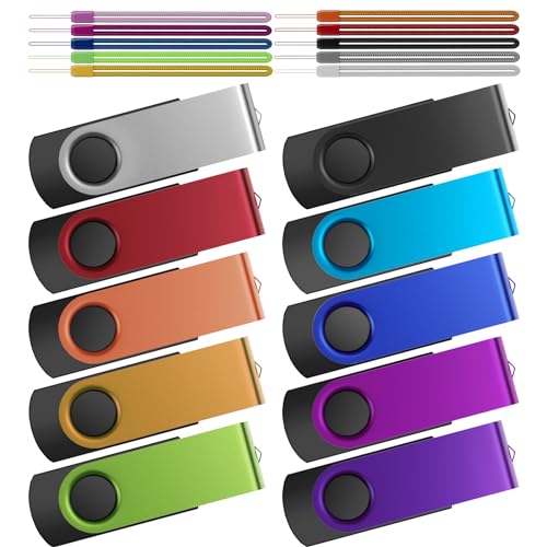8GB Flash Drive 10 Pack Thumb Drives Bulk, Multipack Zip Drive 8 GB | USB Memory Sticks Metal Swivel Pen Drive, Kepmem Portable Jump Drive Value Multicoloured Pendrives with 10pcs Ropes