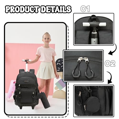 Meetbelify Rolling Backpack for Girls Boys Backpacks with Wheels Kids Carry on Luggage for Girls Boys - color: Girl Black