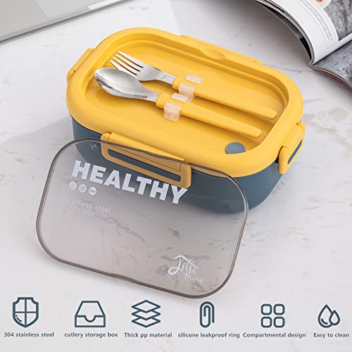 Lille Home 28oz Stainless Steel Leakproof 2-Compartment Bento Lunch Box/Portion Control Food Container with Lunch Bag and Cutlery Set, BPA Free (Blue) - color: Blue