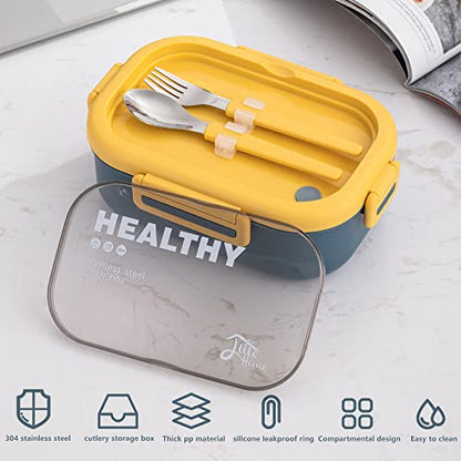 Lille Home 28oz Stainless Steel Leakproof 2-Compartment Bento Lunch Box/Portion Control Food Container with Lunch Bag and Cutlery Set, BPA Free (Blue) - color: Blue