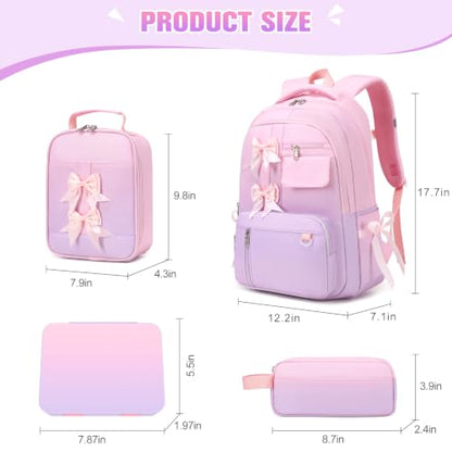 Bevalsa Backpack for Girls, Bow Kids Backpack with Bento Lunch Box, Insulated Bag & Utensils, 34oz Lunch Containers, Cute School Bookbag for Children Teens for Elementary Middle Student (Pink Purple) - color: Pink Purple