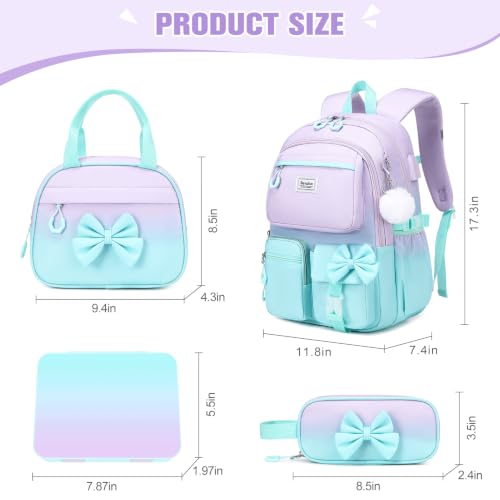Bevalsa Backpack for Girls, Bow Bookpack with Bento Lunch Box, Insulated Bag & Utensils, 34oz Lunch Containers School Bags Set for Children Teens Kids Elementary Middle school Student (Purple-Green) - color: Purple-green