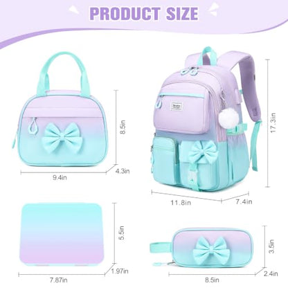 Bevalsa Backpack for Girls, Bow Bookpack with Bento Lunch Box, Insulated Bag & Utensils, 34oz Lunch Containers School Bags Set for Children Teens Kids Elementary Middle school Student (Purple-Green) - color: Purple-green