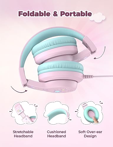 iClever Kids Headphones for School/Travel with Safe Volume 85dBA, HS19S Stereo Sound Over-Ear Girls Boys Headphones for Kids, Foldable 3.5mm Wired Headphone for iPad/Computer - color: A Pink Star