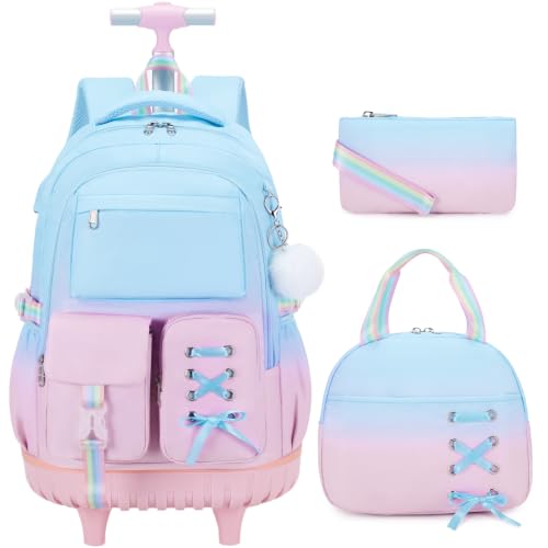 Scothen Rolling Backpack for Girls, Girls Backpack Set with Lunch Box & Pencil Pouch for Teen Girl Kids Children Elementary Middle School, Bookbag Daypack Laptop Travel Backpack with Wheels - color: Blue Purple