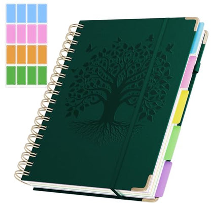Hardcover Spiral Notebook, B5 Journal with Removable Dividers Tabs, 5 Subject Notebook College Ruled, 320 Pages 8"x10" Leather Notebooks for Work School Study, Lined Journal for Women, Dark Green - color: B5/Dark Green