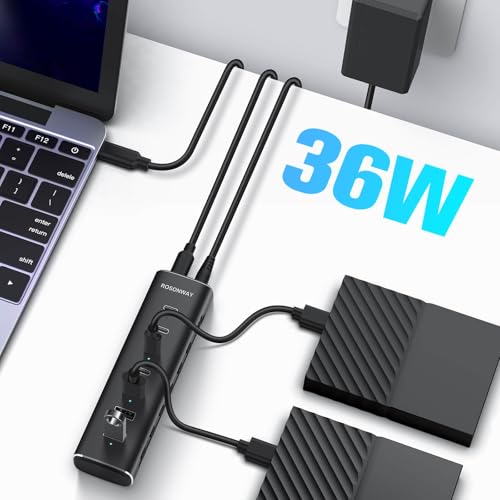 Rosonway 7 Ports Powered USB 3.2/USB C Hub 10Gbps with 4 USB-C 3.2, 3 USB-A 3.2 Ports, 3.3ft Cable and 36W(12V/3A) Power Adapter, Aluminum USB Splitter for Laptop, RSH-H7C4 - size: 7-Port Powered USB Hub