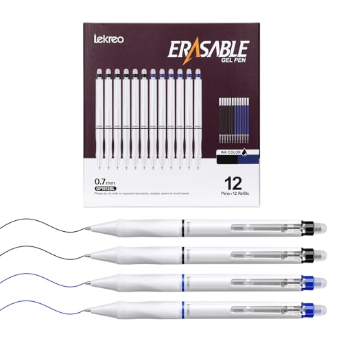 12 Counts Erasable Gel Pens, 0.7mm Fine Point Retractable Clicker Pens with 12 Black Blue Refills,Make Mistakes Disappear for Writing Planner Drawing and Crossword Puzzles - color: Black/Blue Ink - 12 Pack