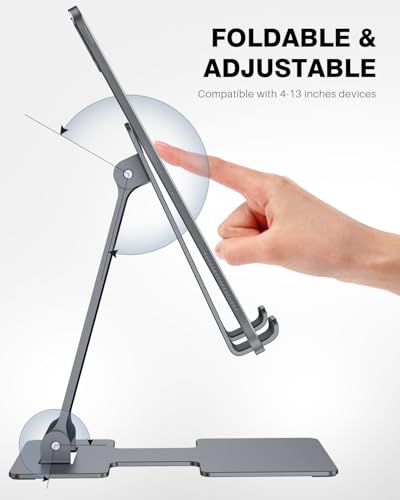 Anozer Tablet Stand,Adjustable Tablet Holder for Desk Foldable | for iPad Stand Dock Holder for iPad Air 5/4/Mini 6/Mini 5/10.2/Pro 12.9/Pro 11,Portable Monitor,Surface (4-13 inch)-Grey
