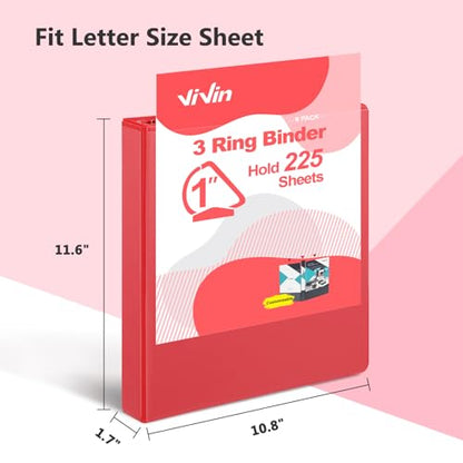 ViVin 튼튼한 2.5cm(1인치) D 링 바인더, 포켓 2개가 있는 링 바인더 3개, 사무실, 가정, 학교용, 미국 레터 사이즈 용지 225장 보관, 6팩 (레드) - color: 레드, size: 1인치