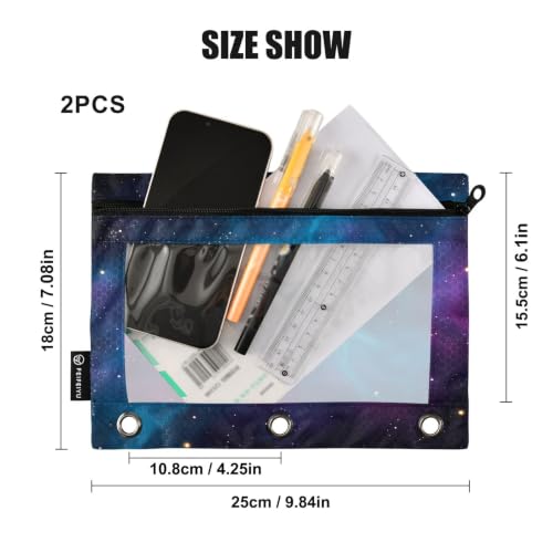 Gredecor 3 Ring Binder Pencil Pouch, Dark Space Nebula Stars Zippered Pen Case Pouches with Clear Window, 2 Pack Stylish Office & School Supplie - color: Dark Space Nebula Stars