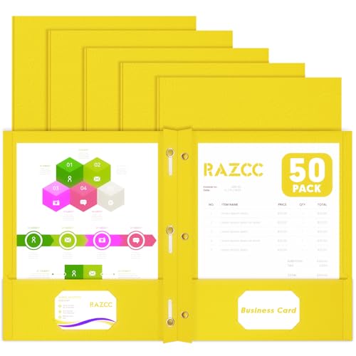 Two Pocket Folders, RAZCC 50 Pack Two Pocket Folders with Prongs, 3 Prong Folders Fit Letter Size Paper, Pocket File Folders for School Office Home Business, Yellow - color: Yellow
