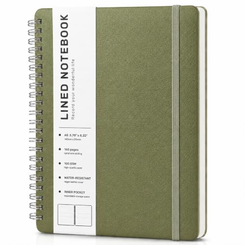 Lined Spiral Notebook for Women, A5 College Ruled Leather Spiral Journals | 160 Pages Small Journaling Notebooks, 5.7"x11" Note Book for Writing, Work, School, Men, Hardcover Leather Journals, Green - color: Green, size: A5