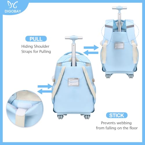 DIGOBAY Rolling Backpack for Girls, Girls Roller Backpack with Lunch Bag and Pencil Case, School Bookbag with Wheels for Elementary Middle High School Travel, Blue - color: Blue
