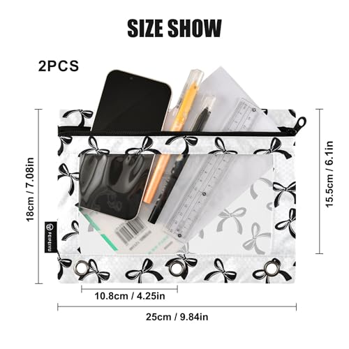 Wamika Bowknot White Black Binder Pouches 3 Ring for Boys Girls School Office College Supplies Bow Tie Stars Ribbon Pencil Pouches Case Bag with Clear Window and Zipper 2 pack - color: Bow Tie