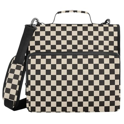 Beige Black Checkered Binder Bag 3 Ring Zipper Binders with Shoulder Strap for School Office Organizer Storage - color: Q001