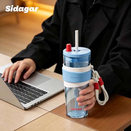 24oz Tritan Water Bottle with Straw and Silicone Sleeve, Blue Leak-Proof Aesthetic Tumbler with Portable Carrying Strap, BPA-Free Reusable Straw Cup for School, Office, Gym - color: Sea Salt Crystal