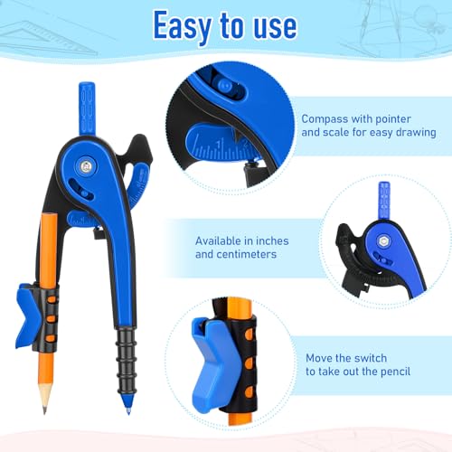 Zonon 2 Pcs Student Protractor and Compass, Student Geometry Math Set Drawing Compass and 180 Degree 6 Inch Protractor with Swing Arm for Drawing Measuring School Office (Deep Blue) - color: Deep Blue