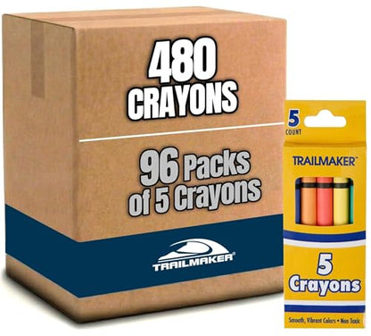 Trail maker Bright Wax Crayons – 96 Pack, 5 Per Box Mini Crayons for Kids, Party Favors, Toddler & Kids Ages 4-8, Bulk Art Supplies for Classrooms & Parties (480 total) - color: 96 Pack